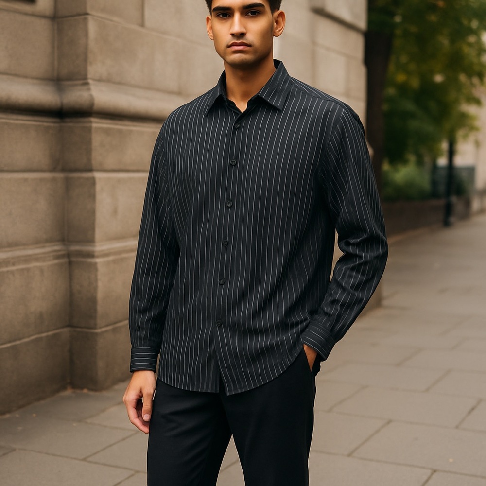 Sz XXL Report Collection Black Striped Dress Shirt